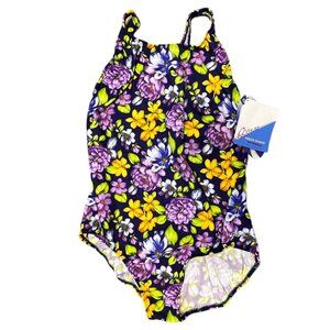 VTG Retro One-Piece Bathing Suit Floral Size 44/20 Ocean Aqua Purple USA